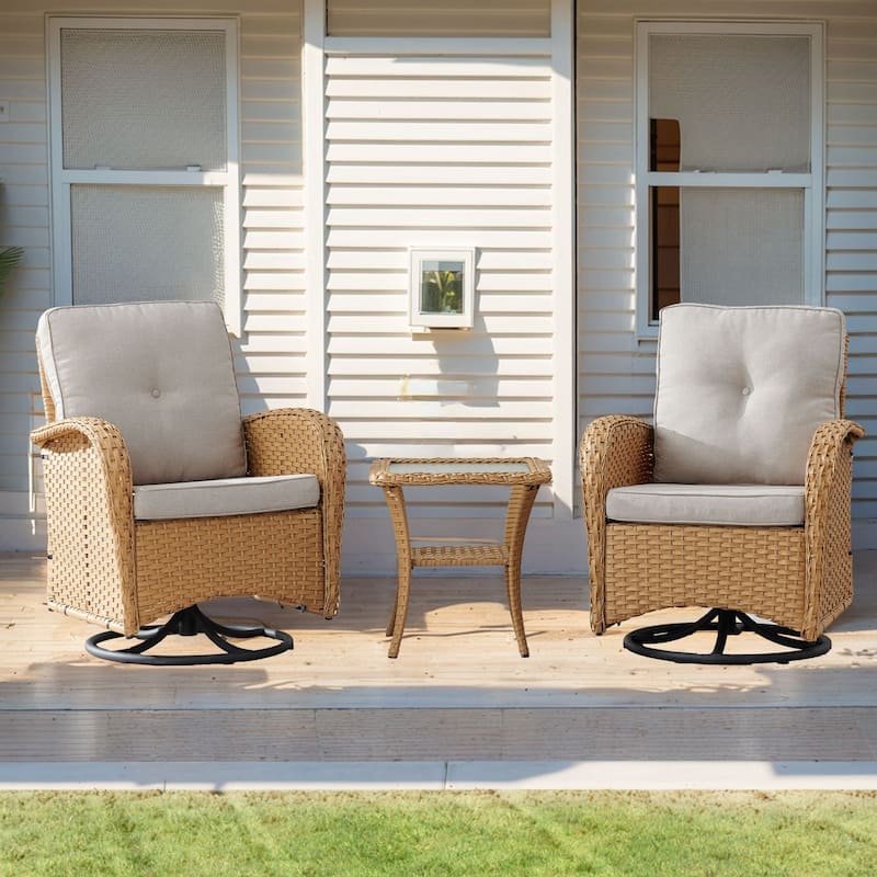 Pocassy Outdoor Wicker Patio Chairs Set - Yellow Wicker Beige Cushion - 2PCS Swivel Chairs w/ 1PC Side Table