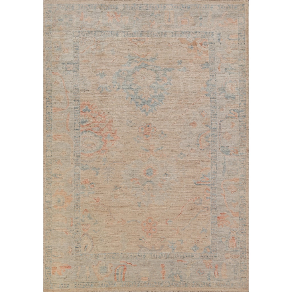 Hand Knotted Oriental 100% Wool Carpet Transitional All-Over Peach Oushak Area Rug - 9' 0'' X 6' 3''