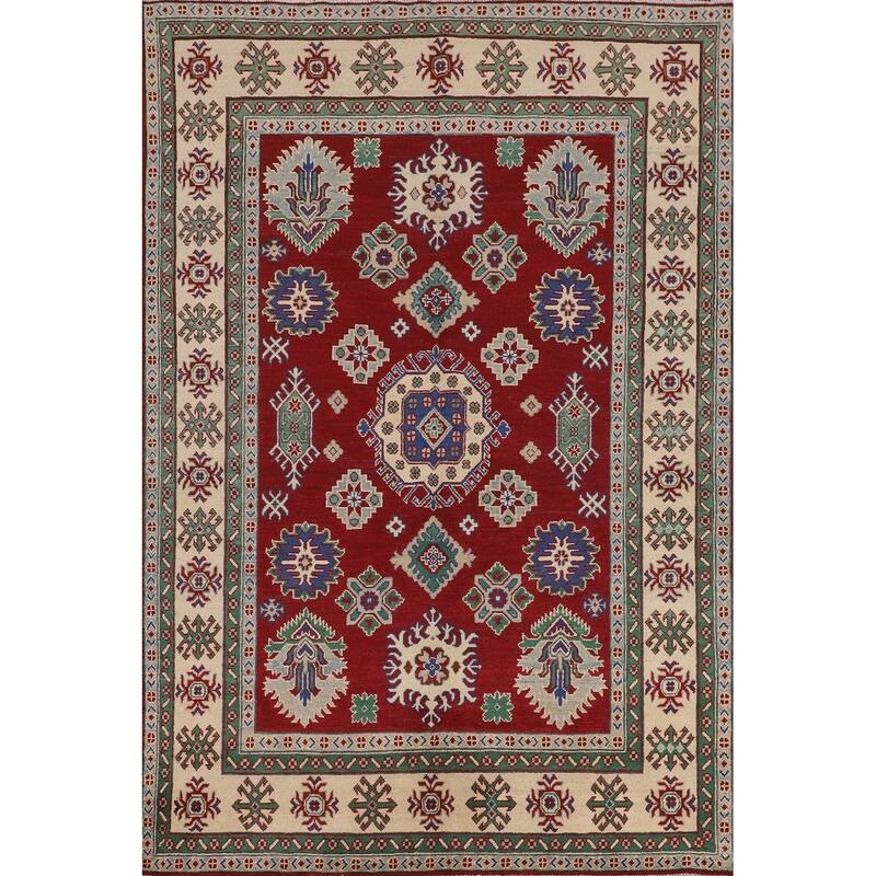 Red Geometric Kazak Oriental Area Rug Hand-Knotted Wool Carpet - 5'8" x 8'4"