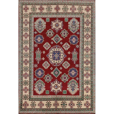 Red Geometric Kazak Oriental Area Rug Hand-Knotted Wool Carpet - 5'8" x 8'4"
