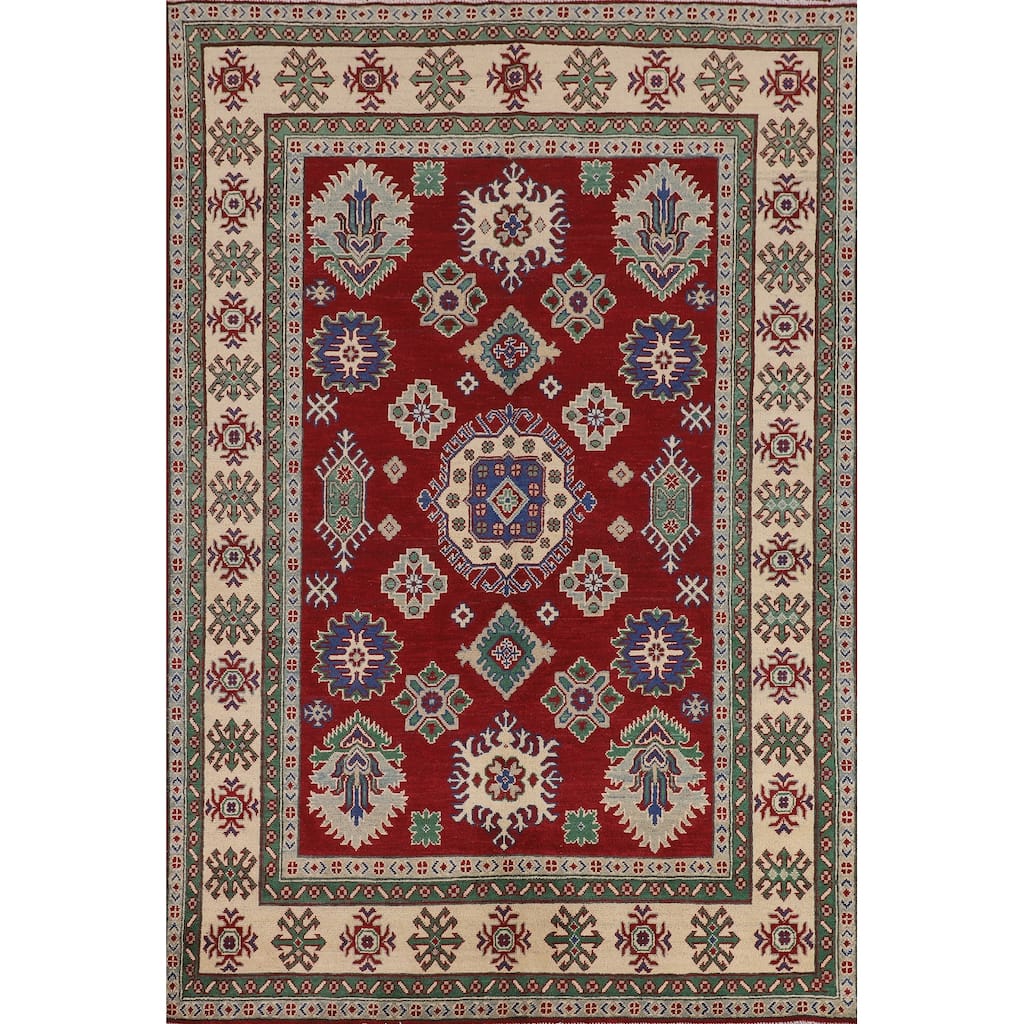 Red Geometric Kazak Oriental Area Rug Hand-Knotted Wool Carpet - 5'8" x 8'4"