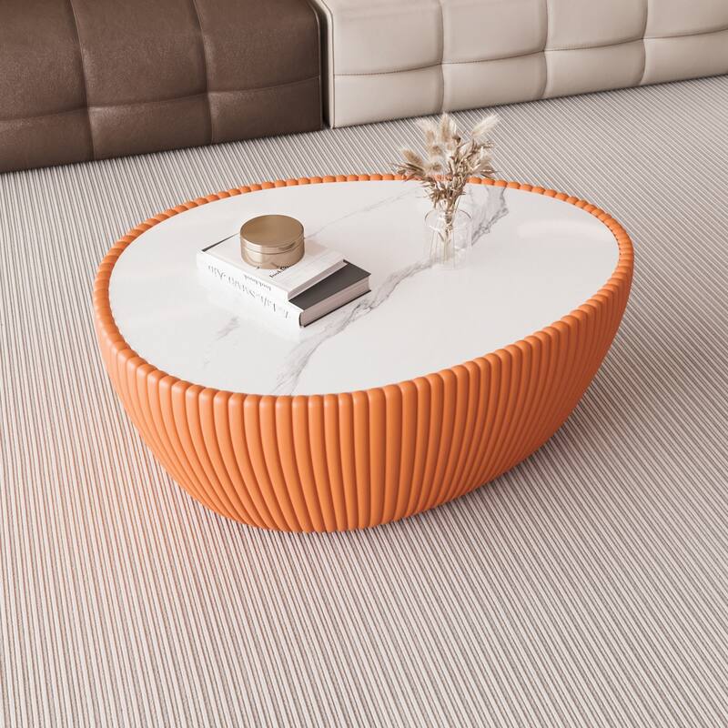 Light Sintered Stone Goose Egg Shape Orange Leather Coffee Table - Unique Design