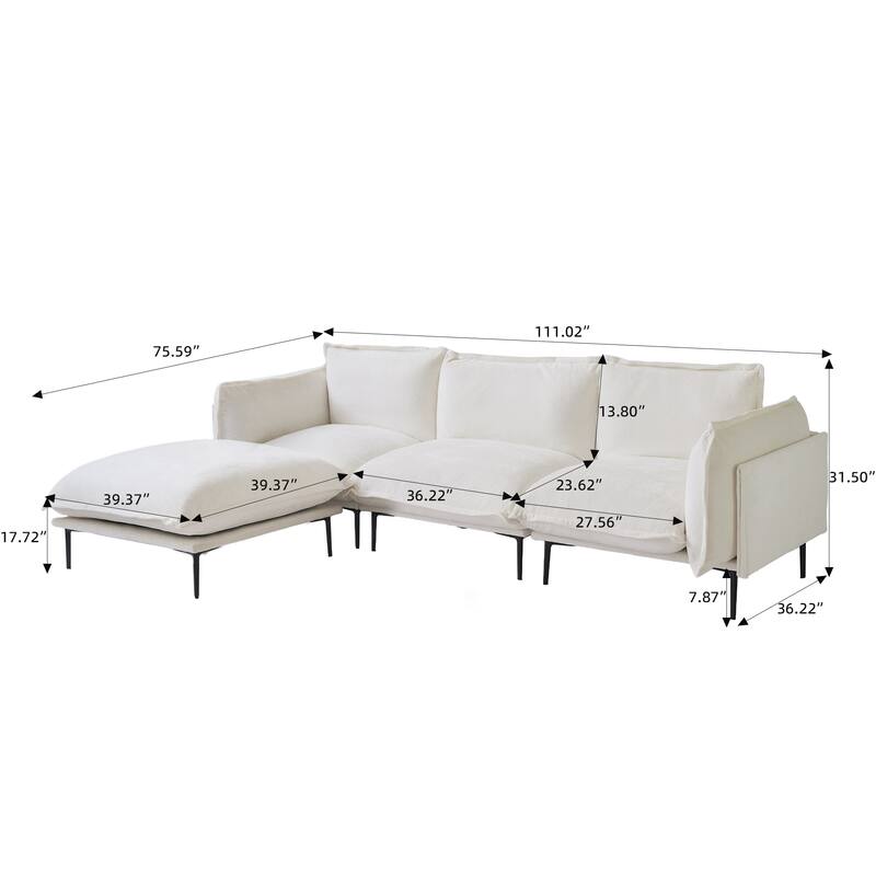 111.02" L-shaped Velvet Sectional Sofa Modern Modular Sofa Deep Seat Upholstered Cloud Couch