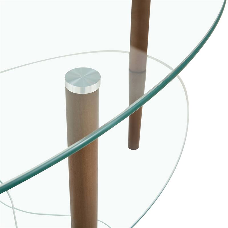 3-Layer Transparent Oval Glass Coffee Table with Oak Wood Leg ...