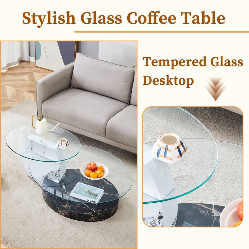 Roomfitters Double Layer Coffee Table with White Marble and Wood Grain Finish, Artistic Modern Design