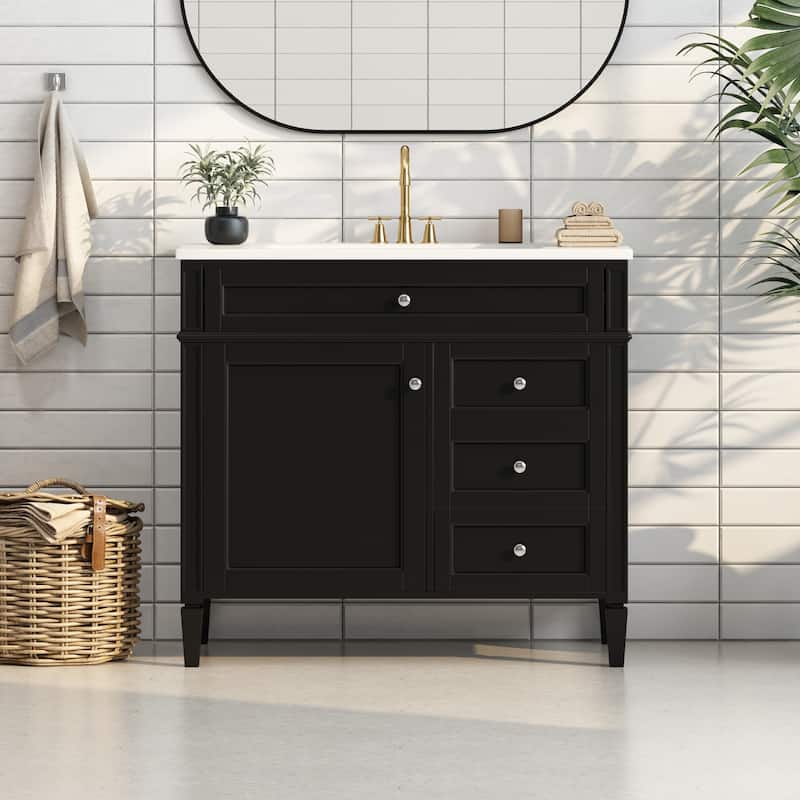 Modern Storage Cabinet Bathroom Vanity with Resin Sink, Tip-out Drawer, 2 Drawers, Side Door Organizer and Adjustable Shelf - Black