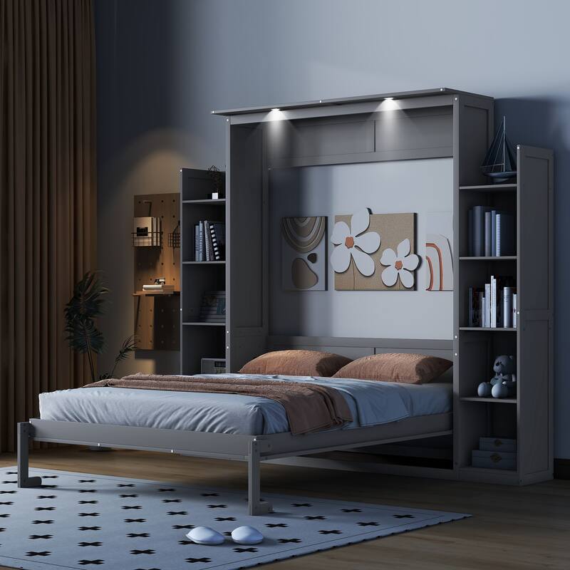 Wooden Wall Murphy Bed with Side Bookshelf & LED Lights