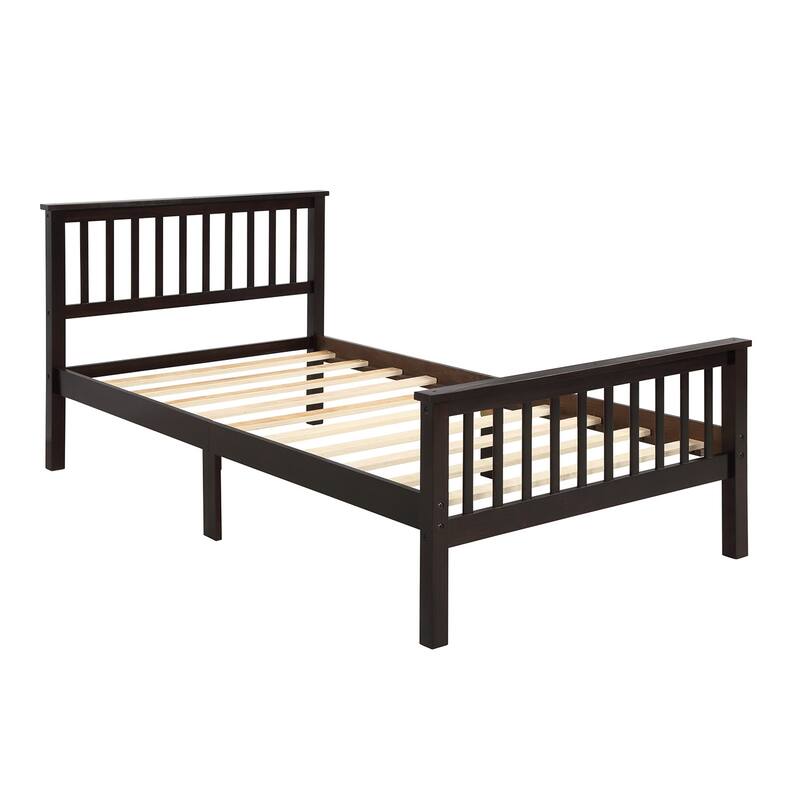 Wood Platform Bed Twin Size Slat Bed Frame with Fence-shaped Hollow Headboard, Footboard and Solid Wood Slat Support