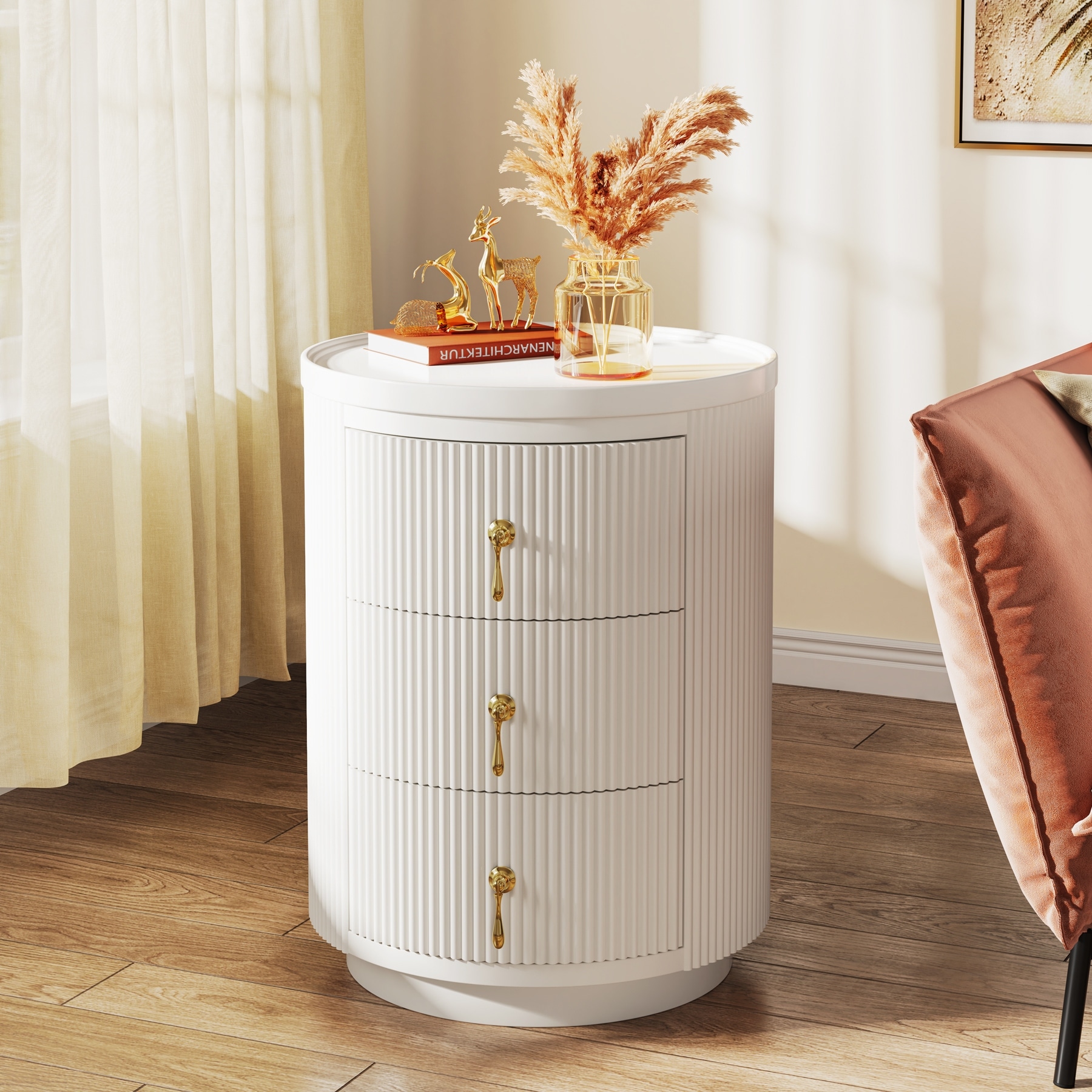 Modern End Table with 3 Drawers, No Assembly Round Side Table for Living Room, Bedside Table Night Stand with Storage, White