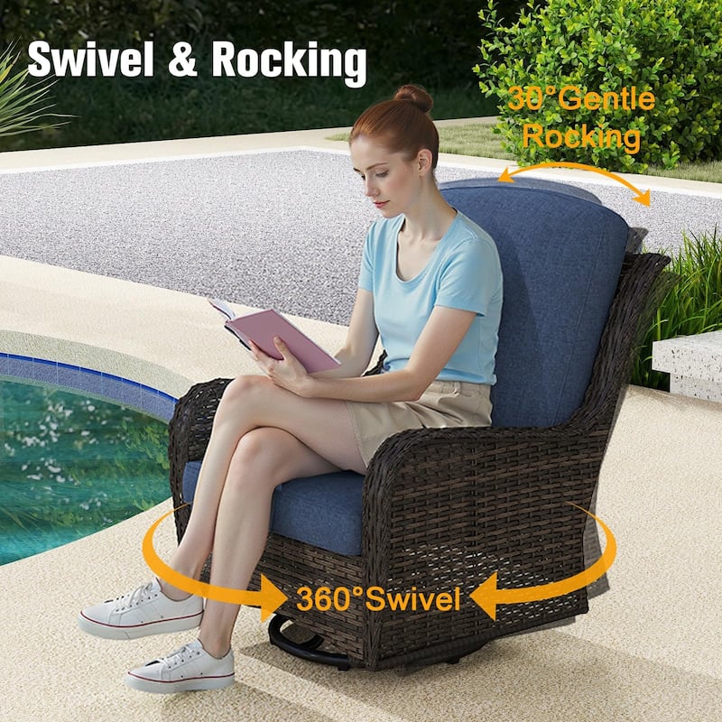 7 Pieces Patio Furniture Set with Swivel Rocking Chair, Coffee Table, Side Table for Backyard, Garden, Navy Blue/Beige/Orange