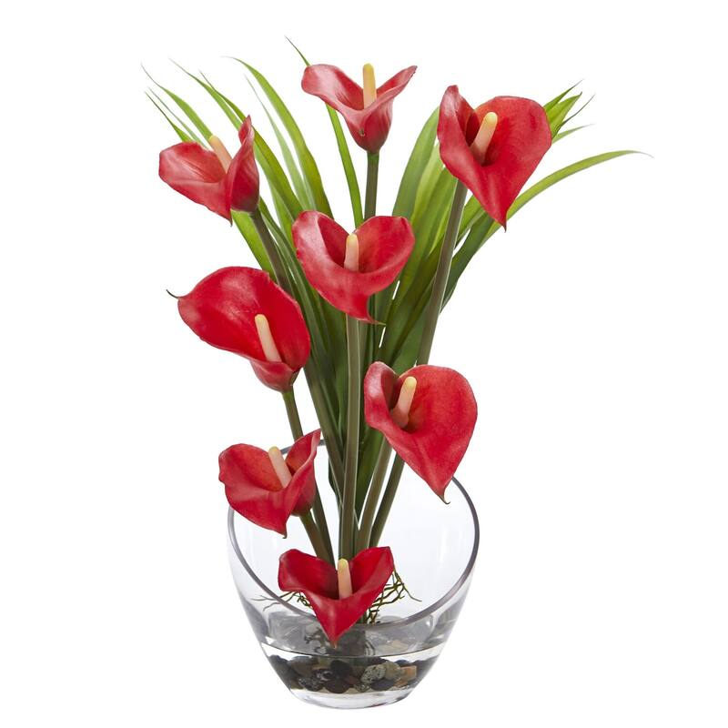 15.5in. Calla Lily and Grass Artificial Arrangement in Vase - Red - 5
