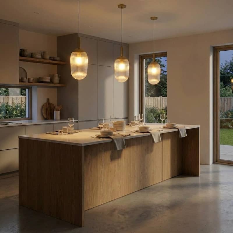 Anna Gold Modern Pendant Light with Ribbed Glass Shade