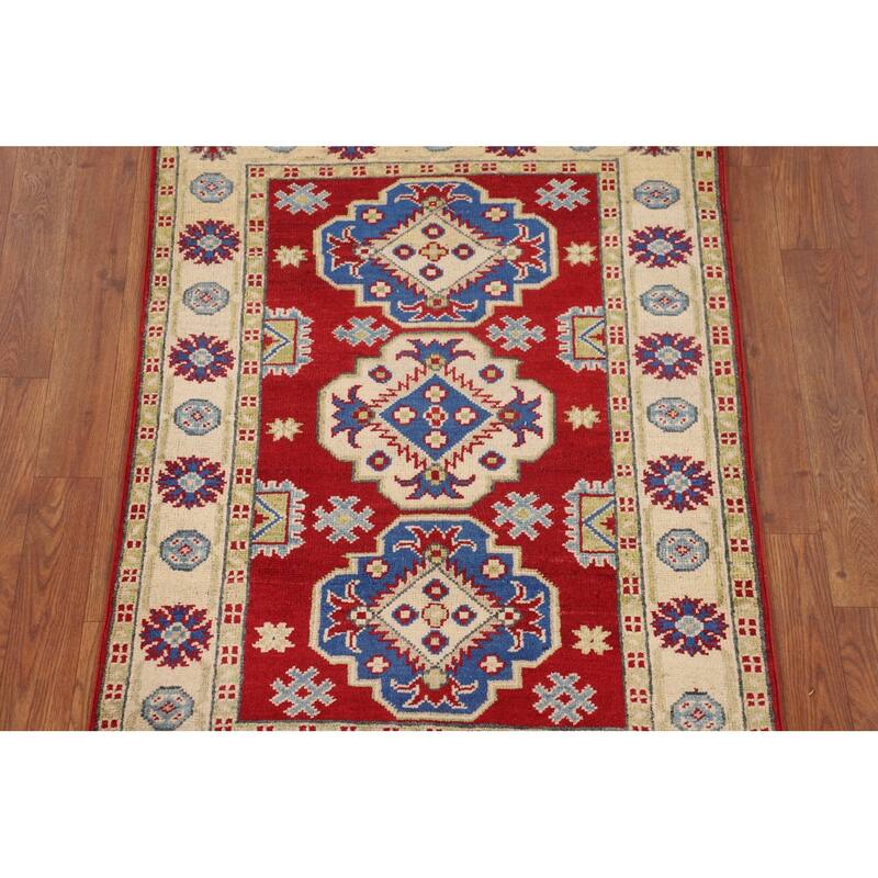 Red Geometric Kazak Oriental Accent Rug Handmade Foyer Wool Carpet - 2'8" x 3'9"
