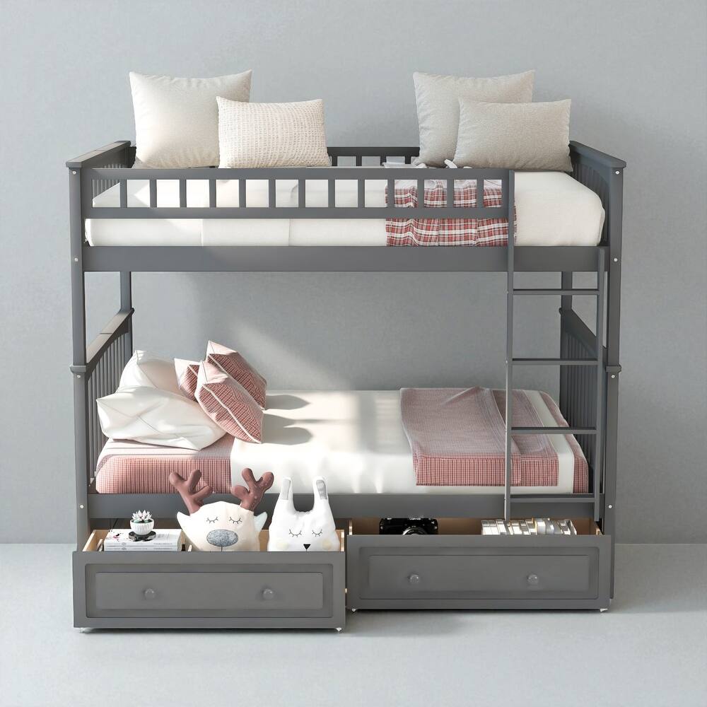Full Over Full Convertible Bunk Bed with Storage Drawers, Guardrails and Solid Wood Frame, No Box Spring Required