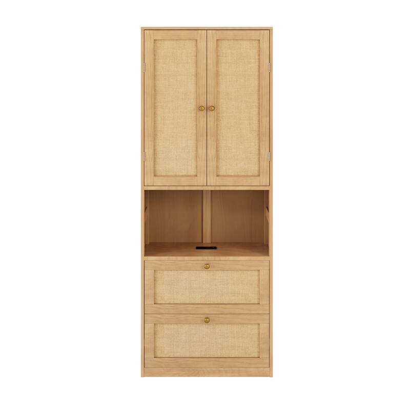 2 Doors Bookshelf with USB Port and 3 Drawers，Rattan Design Side Cabinet Storage Shelves，72.8 inch Tall Bookcase