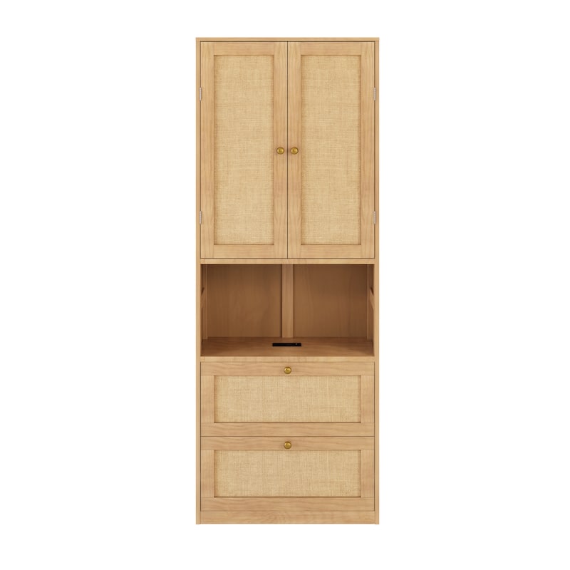 Roomfitters Tall Bookshelf with 2 Doors, 3 Drawers and USB Port, Multi-Functional Storage Cabinet with Shelves