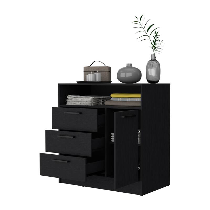 Lincoln Black Open Storage Shelf 3 Drawer Dresser