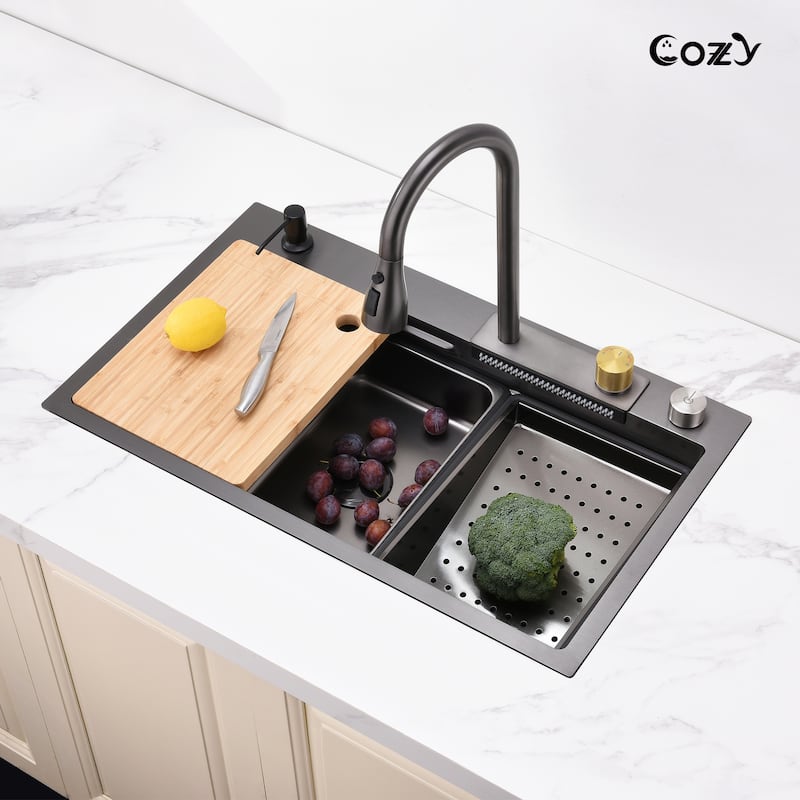 Black 30 Inch Single Bowl Stainless Steel Base Kitchen Sink with Pull-Out Faucet, Cutting Board, Nested Basin