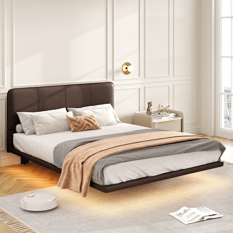 Floating Bed Frame with LED Light, Modern PU Leather Platform Bed, No Boxing Spring Needed, Assemble Easily, Full Size - Coffee