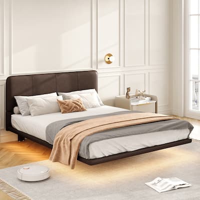 Floating Bed Frame with LED Light, Modern PU Leather Platform Bed, No Boxing Spring Needed, Assemble Easily, Full Size