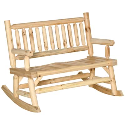 Outsunny 2-Person Wood Rocking Chair with Log Design, Heavy Duty Loveseat with Wide Curved Seats for Patio, Backyard, Garden