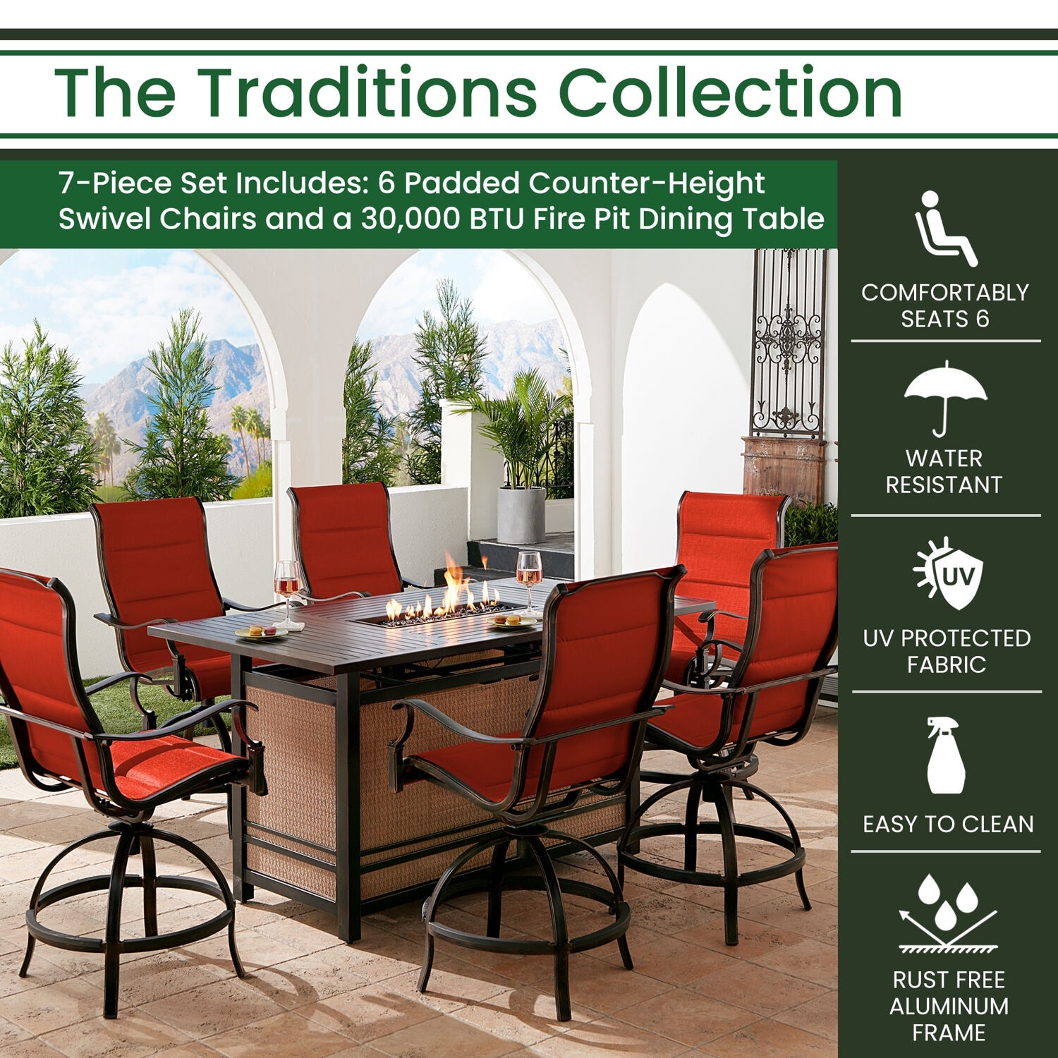 Hanover Traditions 7 Piece High Dining Set in Red w 6 Padded
