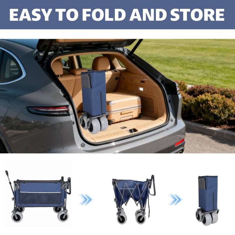 Multi-Functional Push-Pull Folding Wagon Cart with Rotating Handle & 9"x4" Beach Tires for Camping & Beach -300L XL Heavy-Duty
