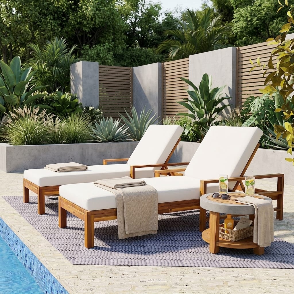 Set of 2 Acacia Wood Outdoor Chaise Lounge Chairs with Adjustable Backrest by Leisure Zone - Natural+Beige