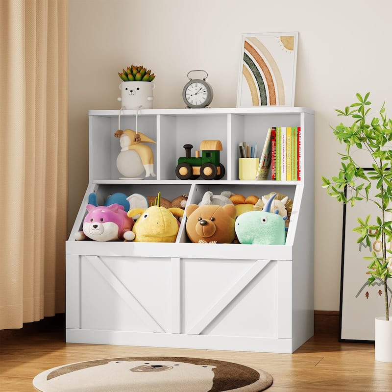 Kids Bookshelf and Toy Storage, Toy Storage Organizer with Storage Cabinet and Toy Shelf, Toddler Book Shelf