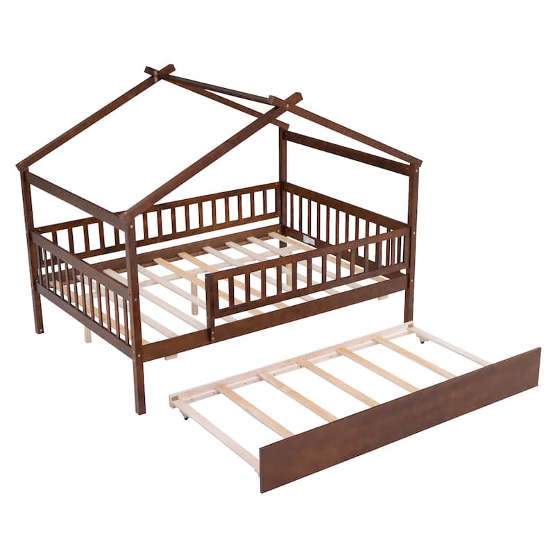 Montessori Bed House Bed with Trundle Bed and Headboard, Wood Daybed Platform Bed Frame No Box Spring Needed for Boys Girls