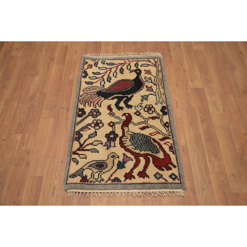 Hand Knotted Oriental 100% Wool Carpet Traditional Animal Pictorial Beige & Ivories Ziegler Area Rug - 3' 0'' X 2' 0''