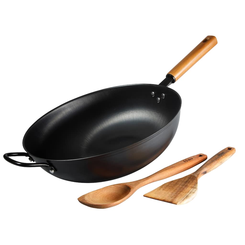 Oster Dunwood 3 Piece Carbon Steel Wok, 13.8" PFAS-Free Stir Fry Pan with Wooden Spatulas, High Heat, Oven & Stovetop Safe