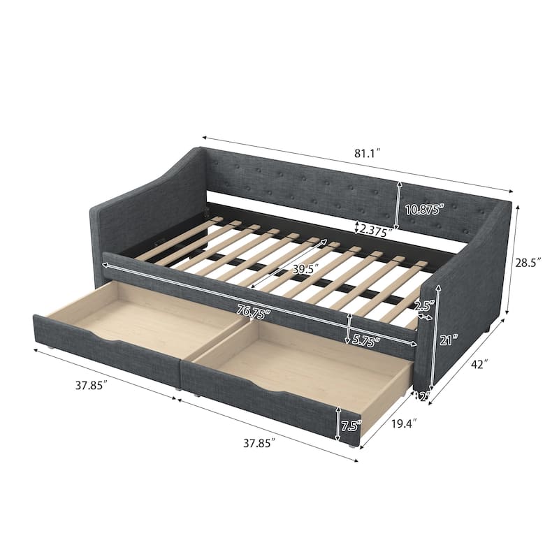 Linen Upholstered Daybed with 2 Drawers, Wooden Platform Sofa Bed Frame with Button Tufted Backrest, No Box Spring Needed