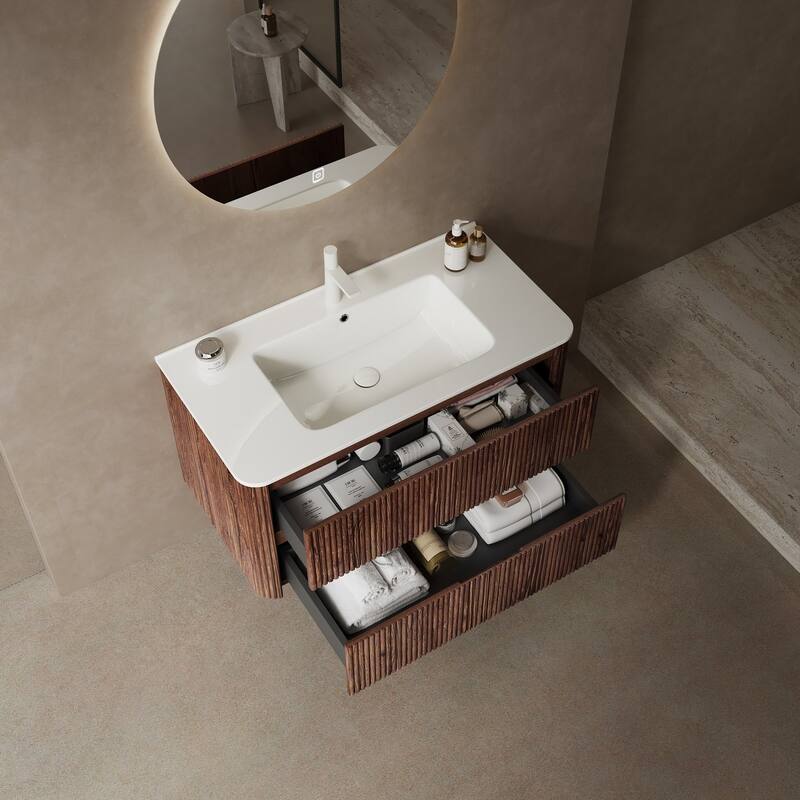 Wall-Mounted Bathroom Vanity Set in White + Deep Walnut with Integrated Ceramic Sink