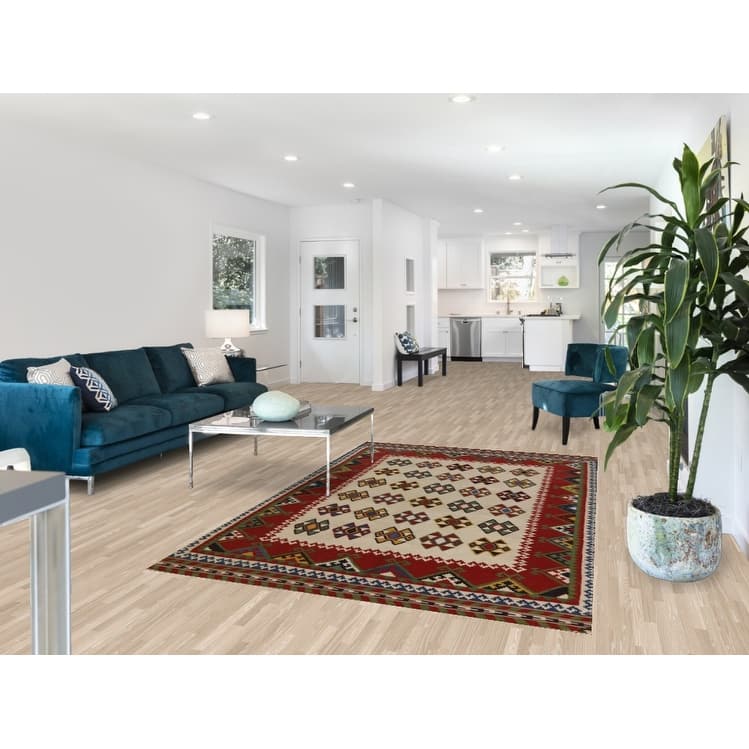 Hand Woven Oriental 100% Wool Carpet Southwestern Geometric Beige & Ivories Kilim Area Rug - 7' 11'' X 5' 0''