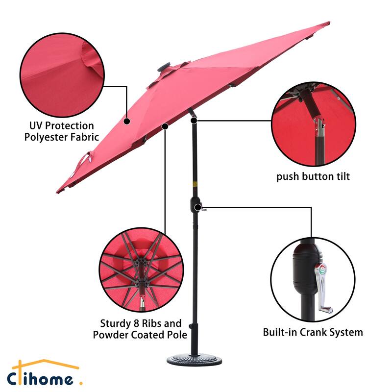 Clihome 9-Ft Outdoor 32 LED Solar Market Umbrella with Tilt & Crank
