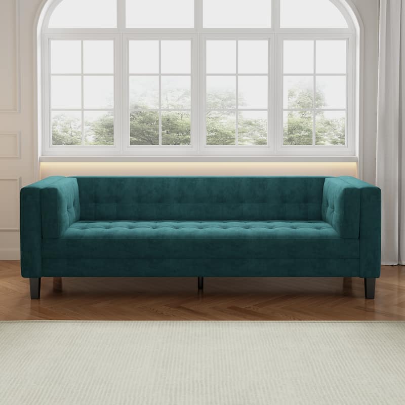Green 89.75'' Velvet Upholstered 3-Seater Sofa with Tufted Design, Solid Eucalyptus Wood Legs, High-Density Foam Cushions