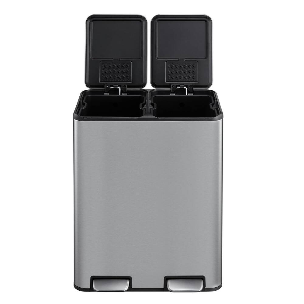 16 Gallon/60 L Kitchen Stainless Steel Dual Garbage Can with Soft-Close Lid