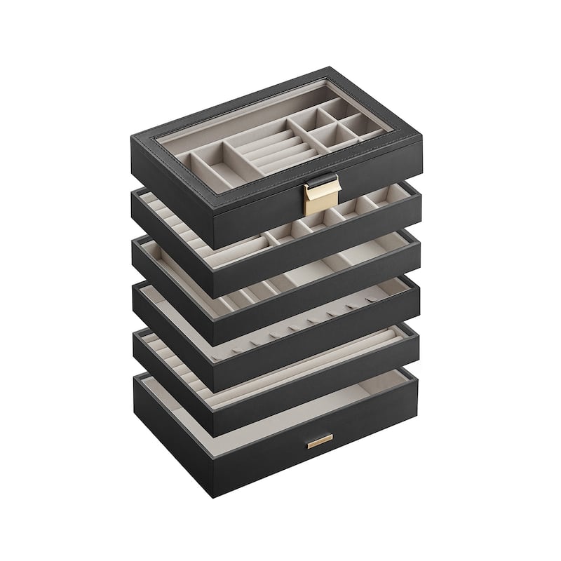 Multi-Layer Jewelry Storage Box with Stackable Trays and Soft Velvet Interior Protection and Glass Lid