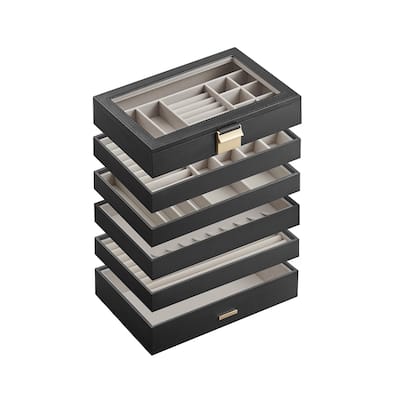 Multi-Layer Jewelry Storage Box with Stackable Trays and Soft Velvet Interior Protection and Glass Lid