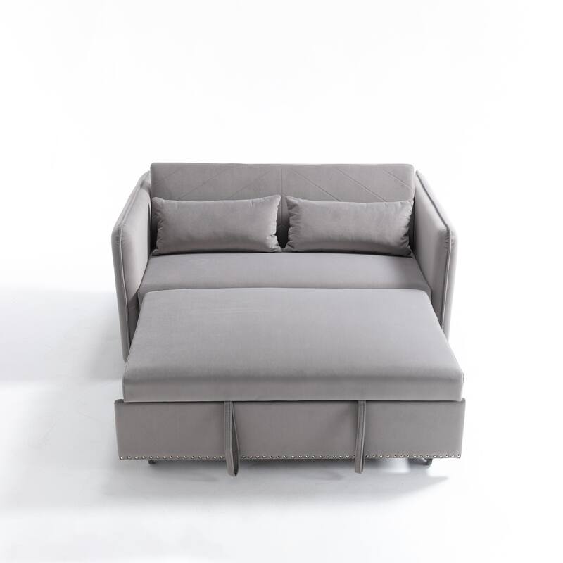 3 in 1 Convertible Sleeper Futon Sofa Bed, 55" Grey Velvet Loveseat with 2 Pillows, Reclining Backrest, Side Pockets
