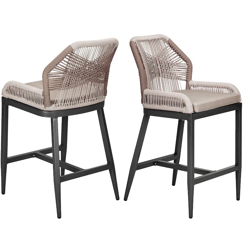 Counter Height Bar Stools Set of 2 Boho Rope Counter Height Bar Stools Rattan Woven Aluminum Modern Barstools - Grey