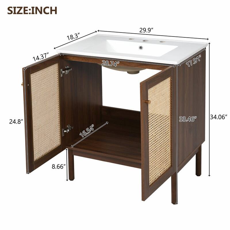 30" Bathroom Vanity with Handwoven Bamboo Doors, MDF Cabinet
