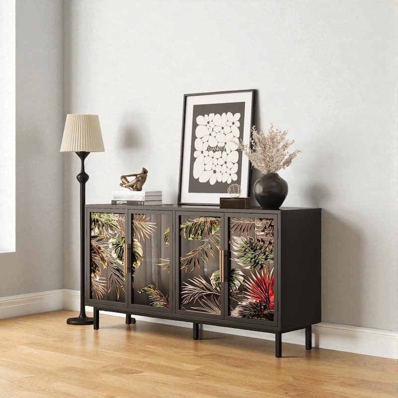 60" Art Glass 4-Door Sideboard Cabinet with Metal Frame, Retro Buffet Storage Console for Dining or Entryway.