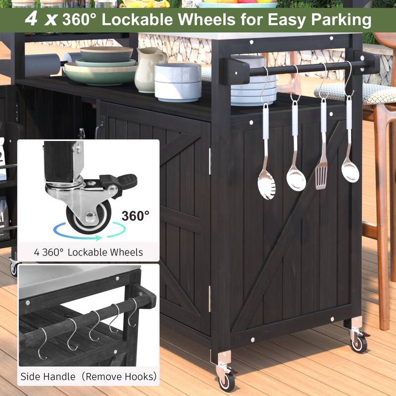 53.3" Outdoor Kitchen Island with Raised Shelf,Solid Wood Storage Cabinet with Stainless Steel Top(NO CHAIR) - N/A