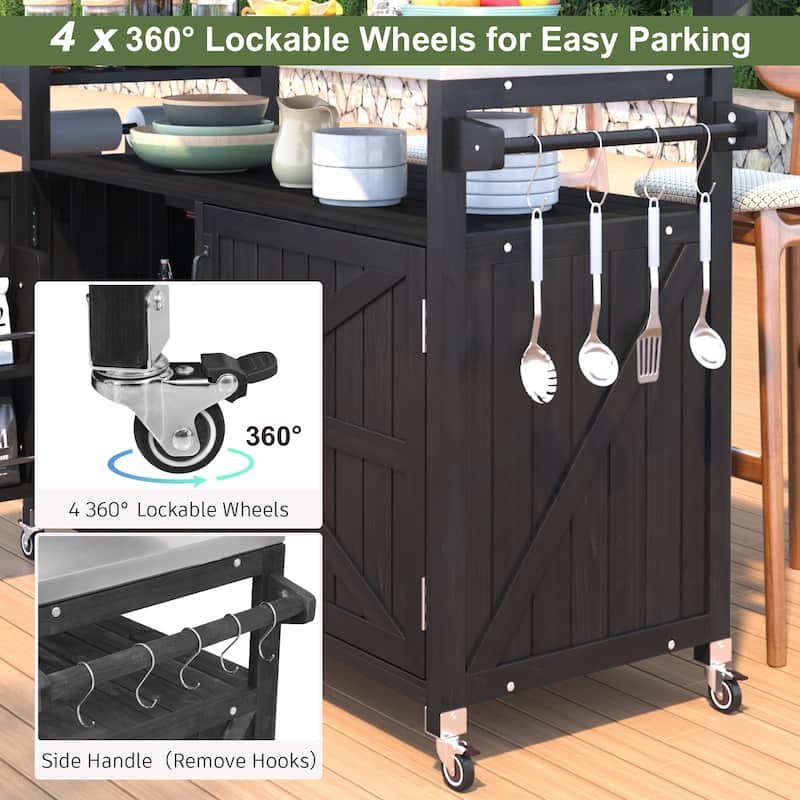 Anmytek 53.3" Outdoor Kitchen Island Grill Cart Stainless Steel Top Solid Wood Storage Black