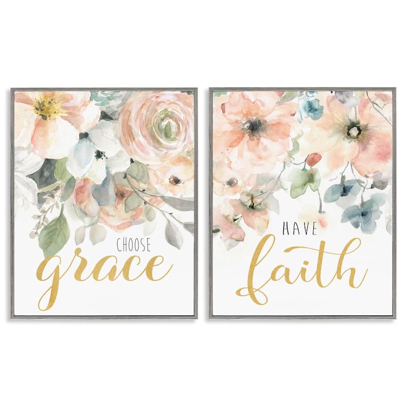 Stupell Spiritual Phrases on Florals Framed Giclee Art Design By Carol Robinson (Set of 2) - 16 x 20 - Grey