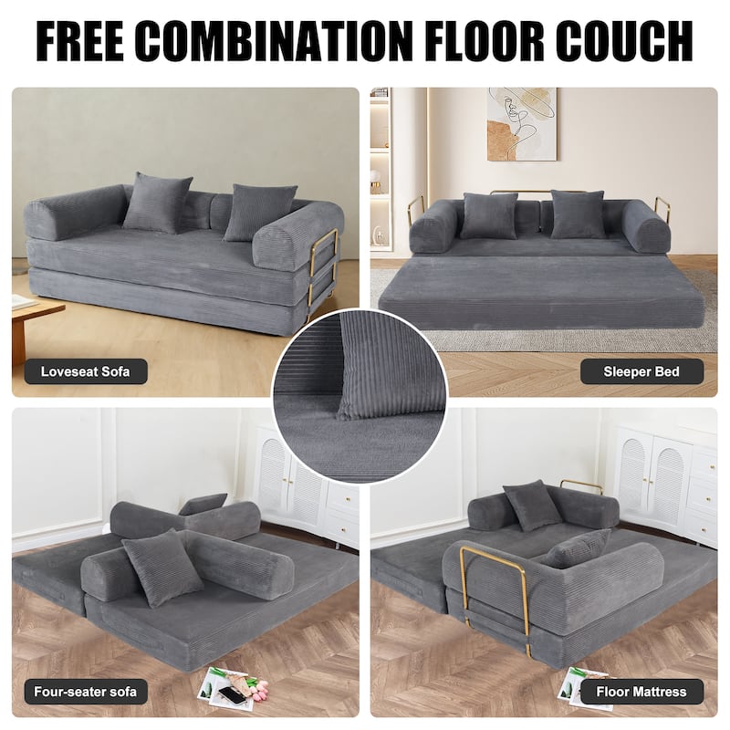 2 in 1 Foldable Sofa Bed, 75 Inch Boneless Convertible Sleeper Couch, Memory Foam Faux Fur Upholstered Floor Sofa