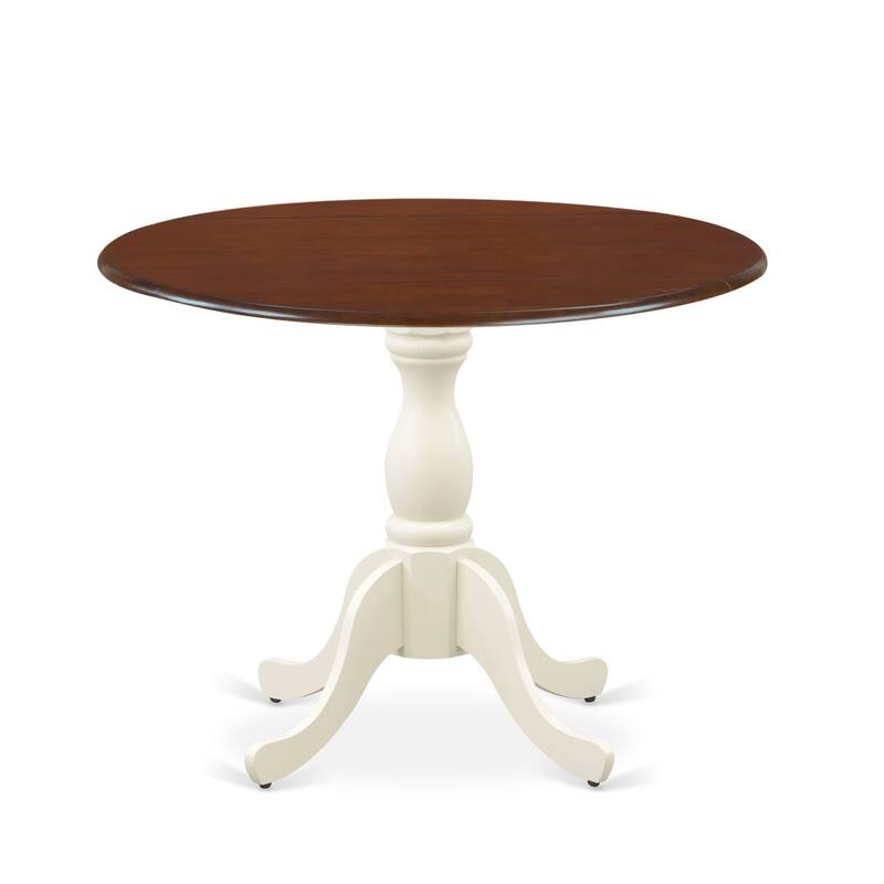 East West Furniture Dublin Dining Room Table - a Round kitchen Table Top with Dropleaf & Pedestal Base, Mahogany & Linen White