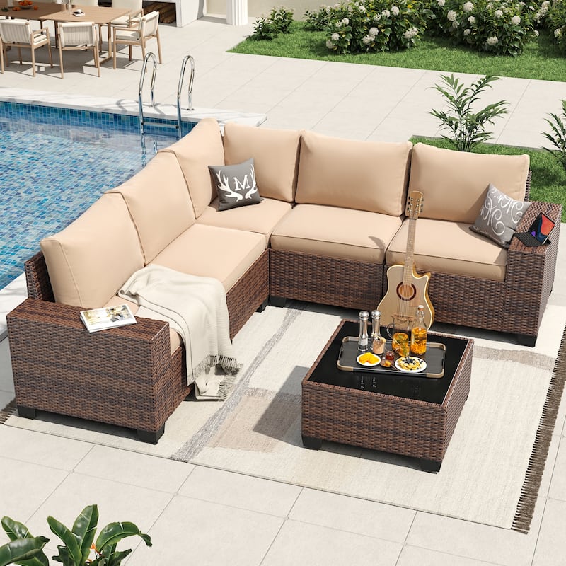 Patio Furniture Set , Outdoor Sectional Sofa Set - 6 pcs - Beige